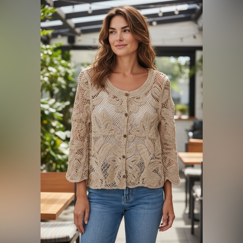 Lace crochet women’s cardigan oatmeal Boho Hippie Granola
Y2K Cottage core